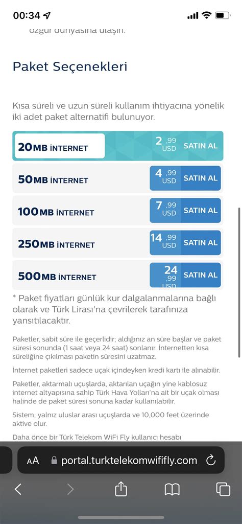 Türk Hava Yollarının uçaktaki Wi Fi tarifesi Eskiden saatlik limitsiz