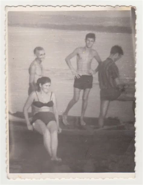 People Shirtless Men In Swim Trunks And Swimsuit Women On Beach 1950s Old Photo 9 99 Picclick