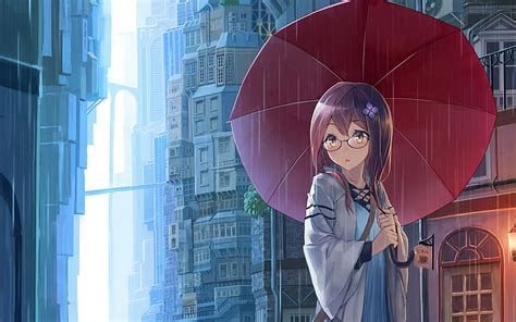 Anime Girl With Umbrellas In Rain Mujer De Cabello Castaño Con