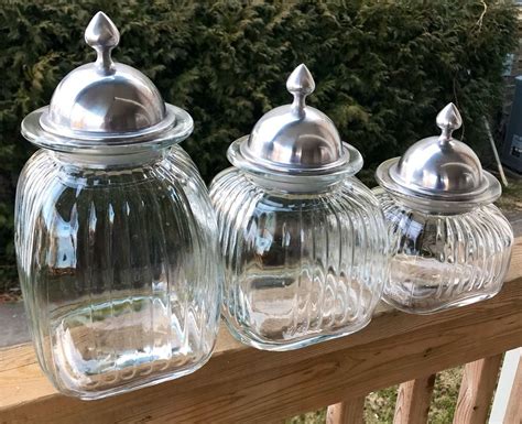 Vintage Artland Canister Set Apothecary Style Ribbed Glass Jars Ebay Glass Jars Canister