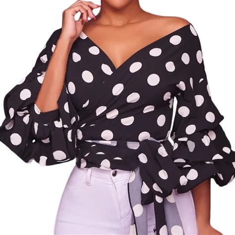 womens tops and blouses large sizes s xxl sexy long puff sleeve v neck polka dot ruched blouse