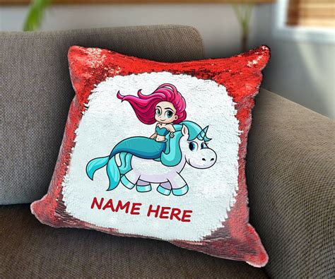 Unicorn Mermaid Personalized Sequin Cushion Cover With Your Name