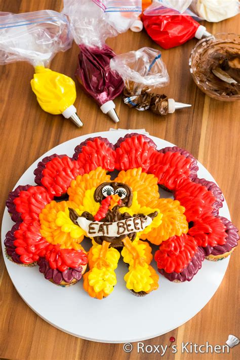 To assemble the cake, cover cake layers with a generous layer of ganache, and stack vertically. Thanksgiving Turkey Cupcake Cake - Roxy's Kitchen