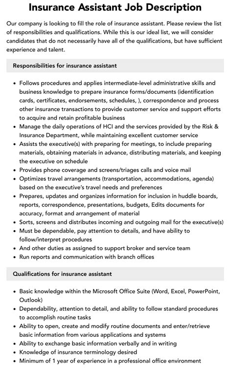 Insurance Assistant Job Description | Velvet Jobs