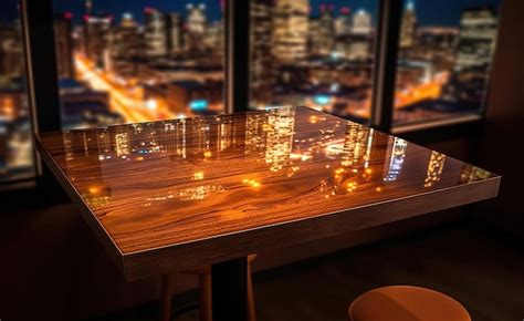 Premium Ai Image Wood Pub Table With Lights At Night In The Style Of