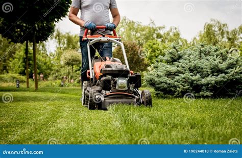 Gardener Mowing The Lawn Landscape Design Green Grass Background