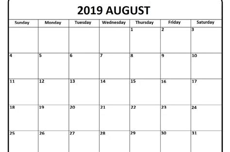 Blank August 2019 Calendar Calendar 2019 Printable Calendar Word