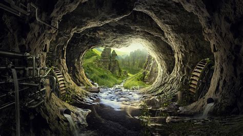 Download 2560x1440 wallpaper heaven, tunnel, cave, river ...