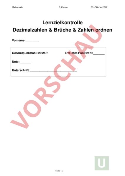 Lehrer registriert sind und sich . Arbeitsblatt: Prüfung Dezimalzahlen, Brüche, Zahlen ordnen ...