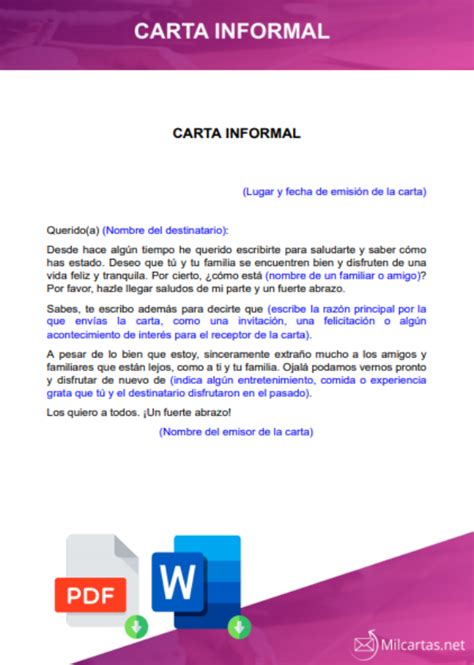 Modelo De Carta Informal Para Descargar Gratis En Word