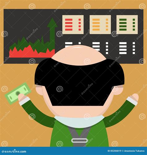 Cartoon Businessman With Money In Hand The Broker Monitors The Stock