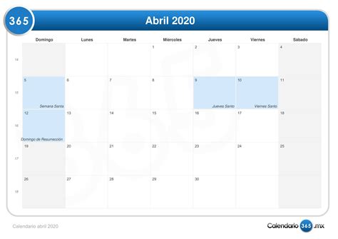 Calendario Abril 2020