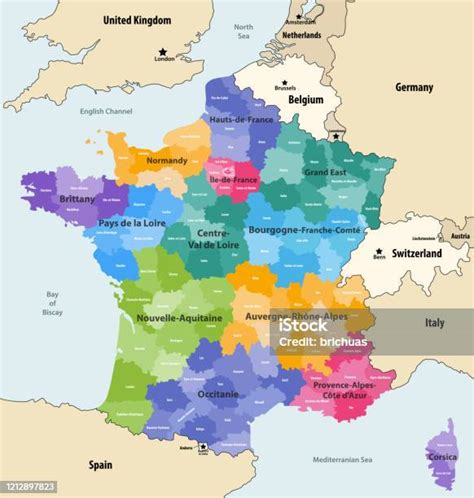 France Administrative Regions And Departments Vector Map With