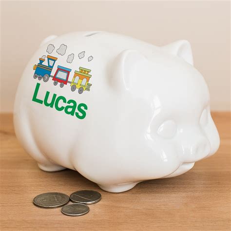Ambesonne train piggy bank, vintage doodle composition about trains choo choo all board railroad crossing wording, ceramic coin bank money box for cash saving, 3.6 x 3.2, multicolor $19.99 $ 19. Personalized Choo Choo Train Piggy Bank | GiftsForYouNow