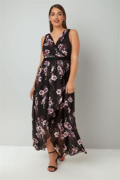 Black And Multi Floral Print Chiffon Maxi Dress With Wrap Front And Lace