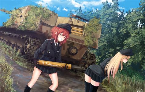 Wallpaper Anime Girls World War Ii Skirt Knee Highs Stockings Uniform Tank Long Hair