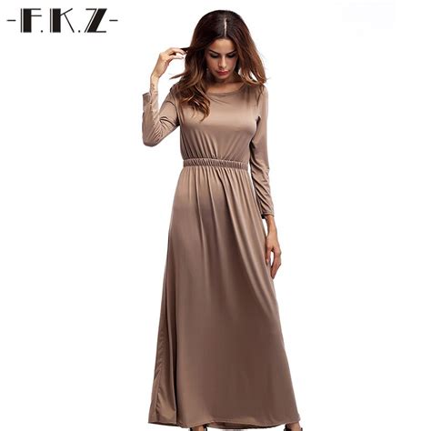 Fkz Newest Autumn Dress Women Elegant Solid Color Ankle Length Full Sleeve O Neck Dresses Female