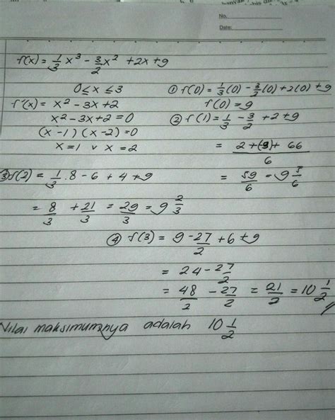 Data nilai penilaian harian matematika kelas vi sd mekar adalah sebagai berikut: Nilai maksimum dari fungsi f(x) = 1/3x^3 − 3/2x^2 + 2x + 9 ...