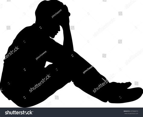 Silhouette Very Sad Young Man Sitting Stock Vector