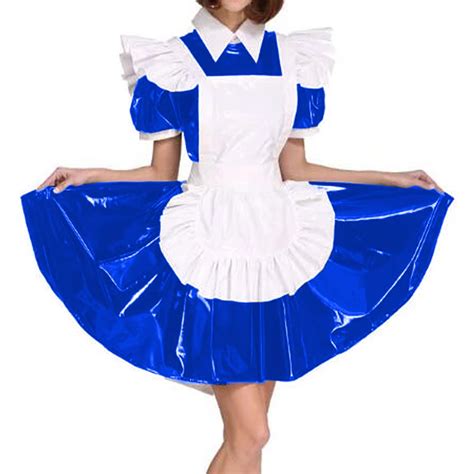 sissy girl maid dress uniform sexy turn down collar puff sleeve sissy pvc leather dress french