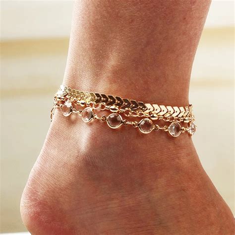 Crystal Sequins Anklet Set For Women Beach Foot Jewelry Vintage