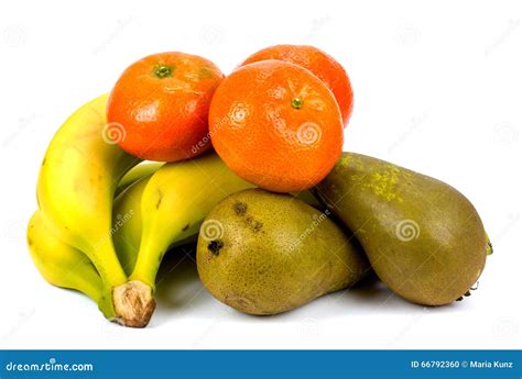 Tangerines Bananas And Pears Isolated On White Background Stock Photo