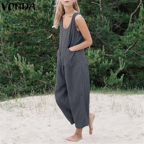 Vonda Rompers Womens Jumpsuit 2019 Summer Pregnant Casual Cotton Playsuits Wide Leg Pants Plus