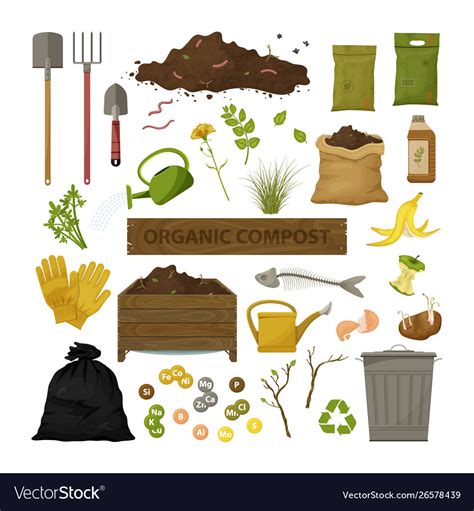 Set Cartoon Flat Icons Organic Compost Theme Vector Image