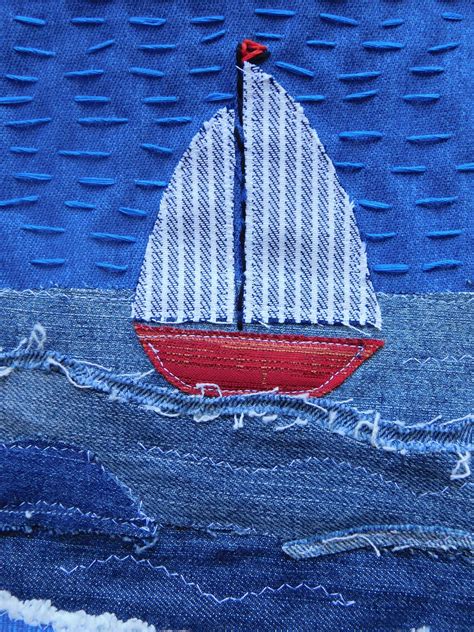 Textile Art Seascape Wall Hanging With Sailboat Crab Ocean Etsy