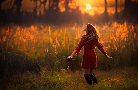 Download Happy Female Lady Woman Sunset Grass Sky Girl Wallpaper By