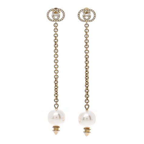 GUCCI Metal Crystal Pearl Interlocking G Earrings Gold 1002488