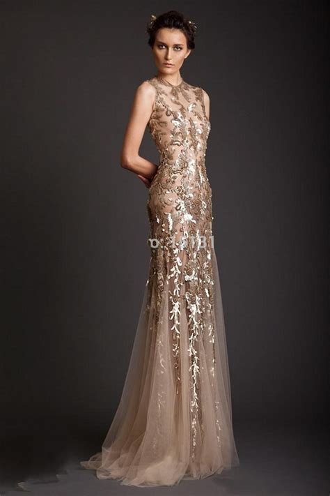 Gold Evening Dresses Jewel Floor Length Tulle Lace Evening Dresses