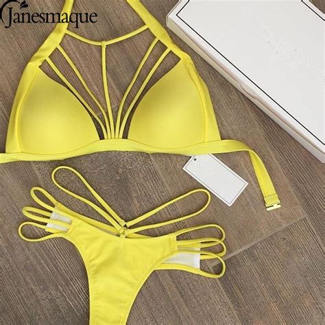 Janesmaque Sexy Yellow Bikinis Set String Bandage Push Up Swimwear