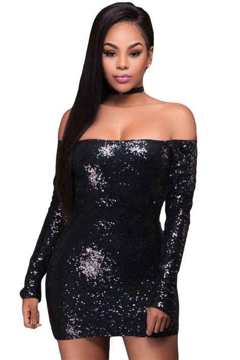 2018 Glittering Black Long Sleeve Off Shoulder Club Dress
