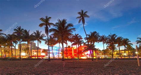 Miami Beach Florida Hotels And Restaurants At Sunset On Ocean Drive Stock Photo By FotoZapad