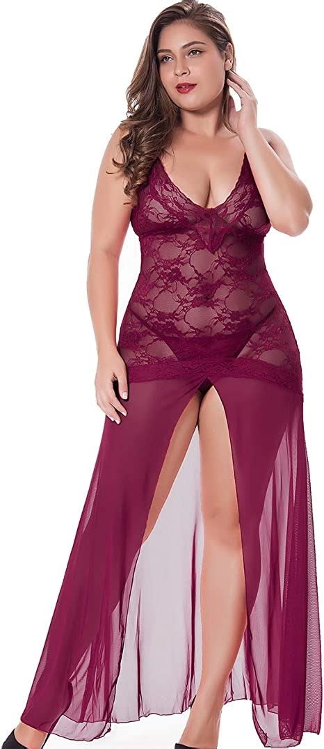 Lingerlove Womens Plus Size Lingerie Sexy Split Maxi Long Gown Sheer Dress Clothing