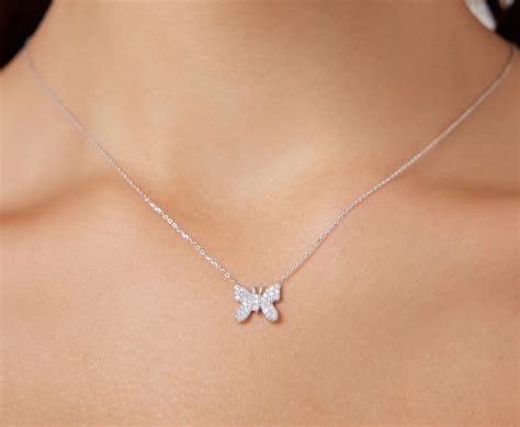 Diamond Butterfly Necklace 14k Solid White Gold Diamond Butterfly