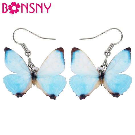 Bonsny Acrylic Light Blue Butterfly Insect Earrings Big Long Dangle