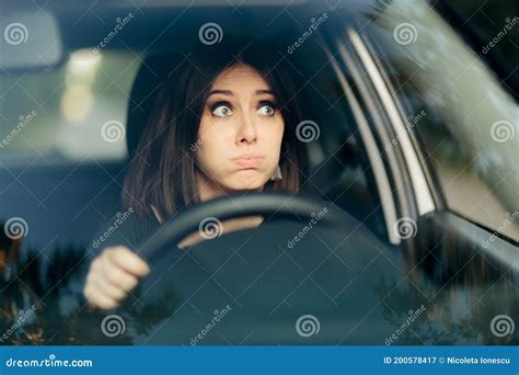 Fearful Driving Woman Learns To Drive Automobile Attractive Female