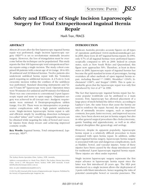 Pdf Safety And Efficacy Of Single Incision Laparoscopic Surgery For