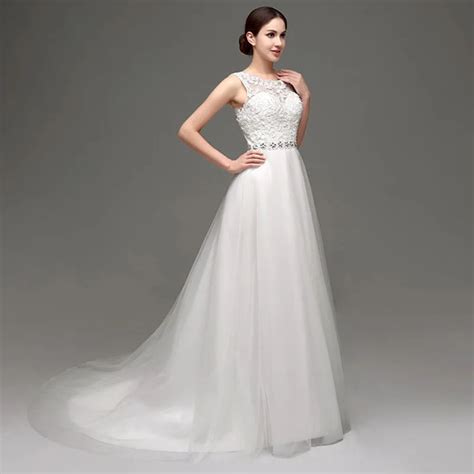 Ilovewedding White Ivory Long Wedding Dresses Sleeveless Scoop Neck A Line Tulle With Lace