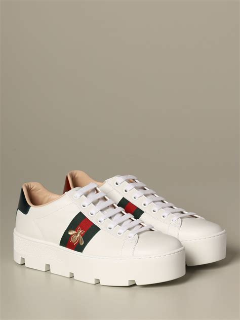 Gucci New Ace Sneakers In Leather With Platform Sole White Gucci