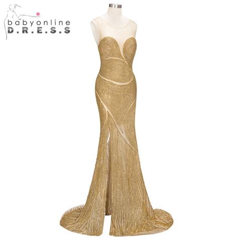 Luxury Full Beading Elegant O Neck Mermaid Evening Dress High Slit Illusion Prom Gowns Sexy