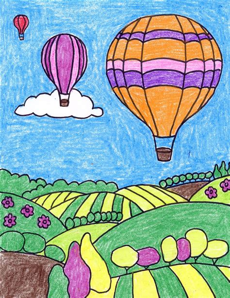 Easy How To Draw A Hot Air Balloon Tutorial And Coloring Page Hot Air Balloons Art Hot Air