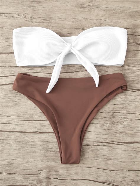 White Swimsuit Tie Front Ribbed Bandeau Top With Brown Bikini Bottom In