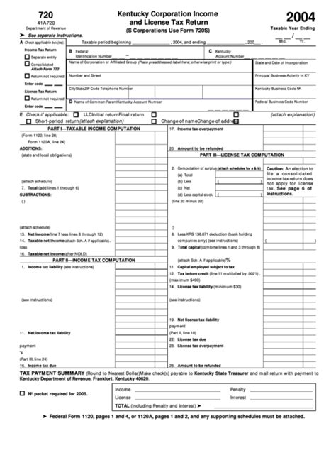 Form 41a720 Kentucky Corporation Income And License Tax Return 2004