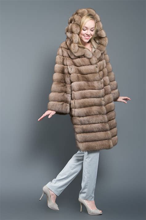 light tortora russian barguzin sable coat  hood  women fur caravan