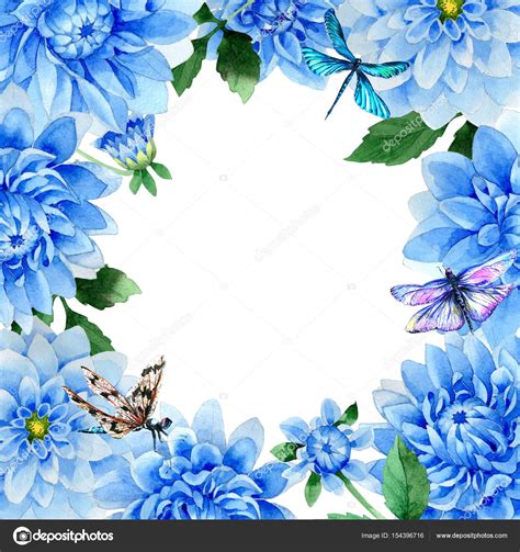 Border flowers blue rose garden roses painting, flower png. Wildflower blue dahila flower frame in a watercolor style ...