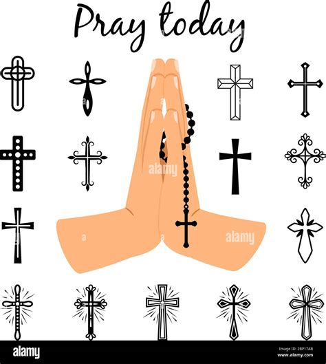 Catholic Praying Hands Holding Rosary Beads And Christian Crosses Signs