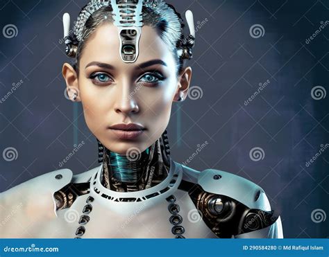 Close Up Portrait Of A Female Robot 3d Rendering Stock Illustration
